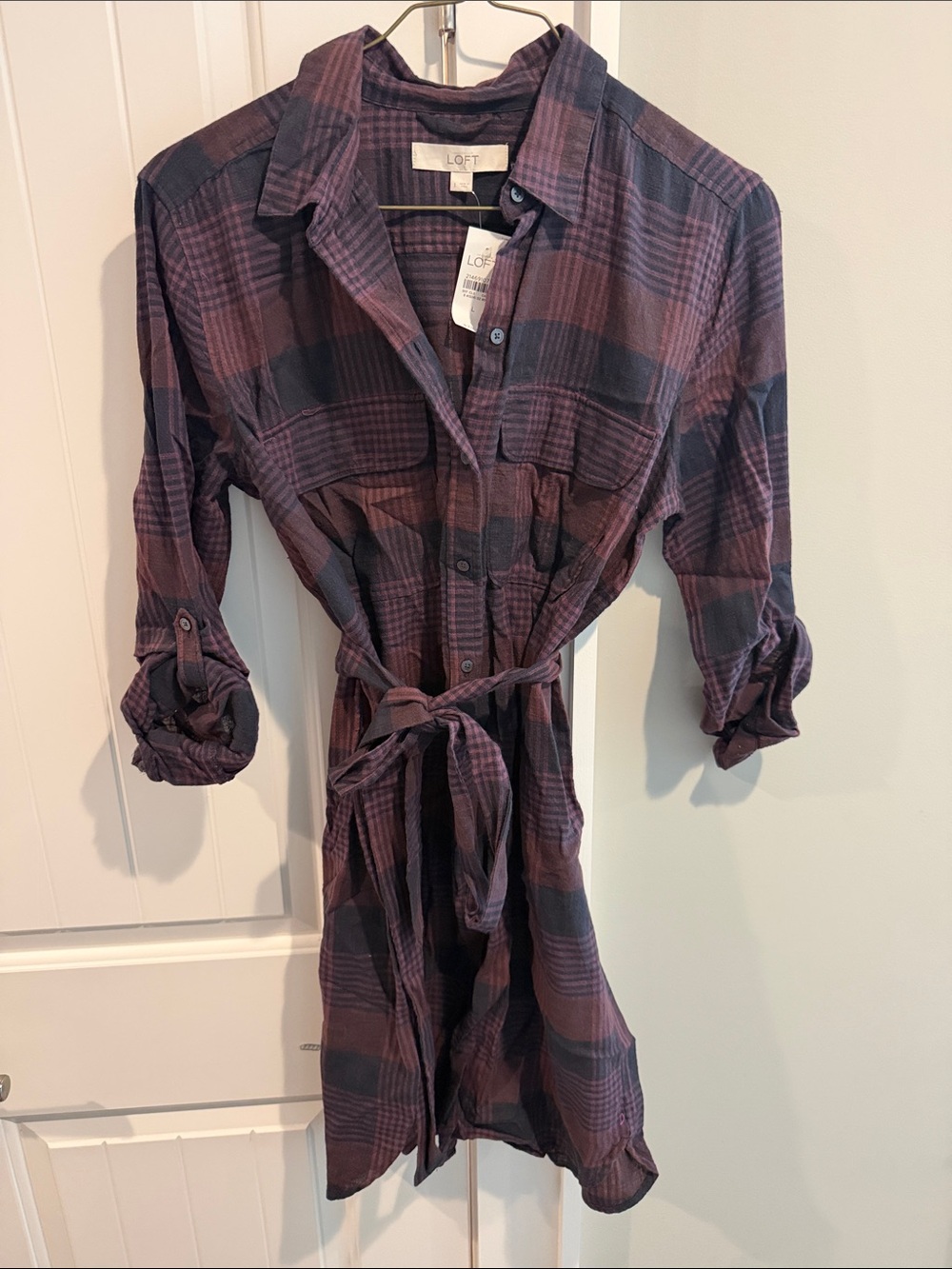 LOFT plum and navy Plaid Button-Down Shirt Dress